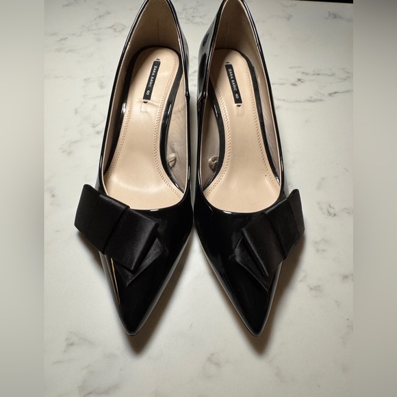 Zara Black Patent Leather Satin Bow Kitten Heels Size 9 - Never Worn - Picture 1 of 6